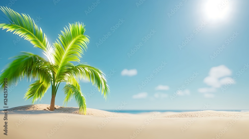 Fototapeta premium Lone Palm Tree on Sunny Tropical Beach