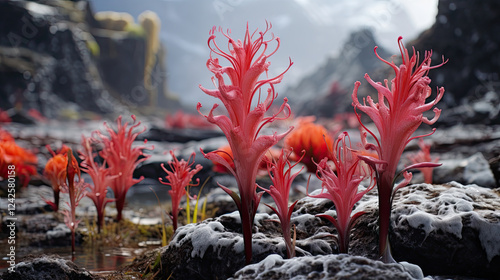 Surreal Landscape with Vibrant Red Alien-like Flora in a Cold Mountainous Region