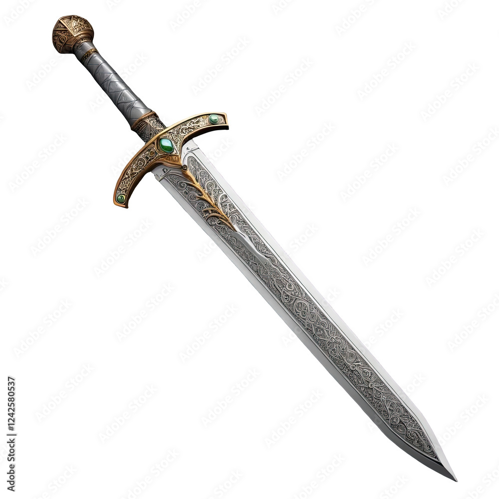This image showcases a beautifully designed sword with intricate engravings on the blade and an ornate hilt featuring decorative gemstones. The sword's craftsmanship highlights a fusion of elegance an This image showcases a beautifully designed sword with intricate engravings on the blade and an ornate hilt featuring decorative gemstones. The sword's craftsmanship highlights a fusion of elegance an