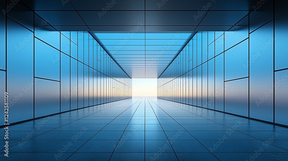 Fototapeta premium Futuristic corridor with reflective tiles leading to a bright exit, showcasing modern architecture