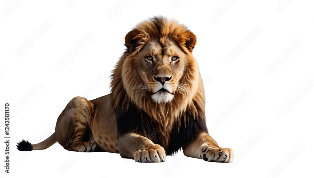 Fototapeta premium Majestic Lion Resting on Transparent Background – AI Generated Wildlife Illustration 