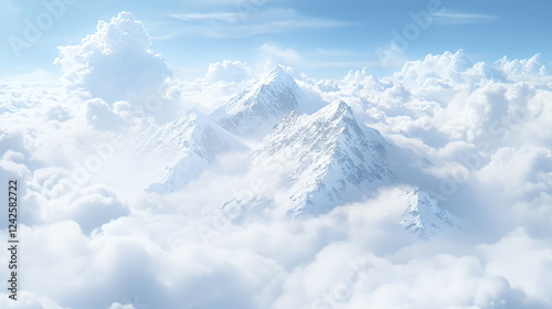 Majestic snow-capped mountains emerging from soft white clouds under a clear blue sky, creating a serene and tranquil landscape filled with nature's beauty and wonder.