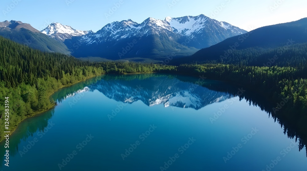 Naklejka premium Serene mountain lake view, crystal-clear water reflecting majestic peaks, surrounded by lush greenery, ideal for tranquility themes.