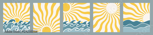 Sun abstract clipart set. Yellow sunrays, sunset and sunrise in ocean horizon clip art tropical summer wallpaper collection vector illustration. 
