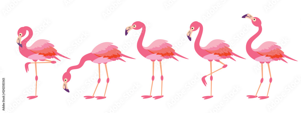 Fototapeta premium Flamingo pink clipart set. Flamingo summer cute bird clip art with beak and pink feather in standing pose elements collection vector illustration. 