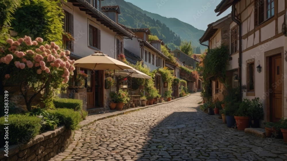 Charming Cobblestone Street in a Picturesque Mountain Village Charming Cobblestone Street in a Picturesque Mountain Village
