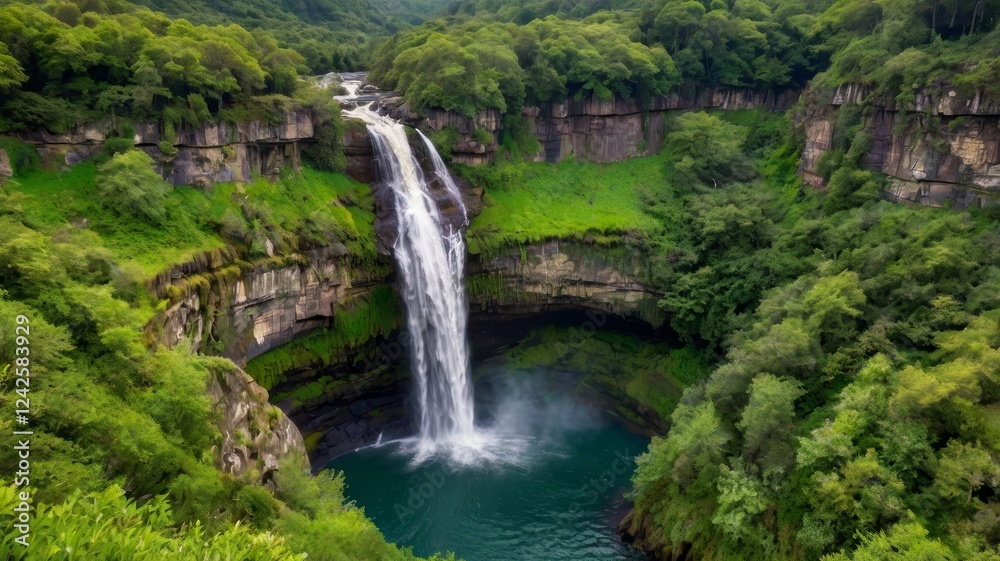 Majestic Waterfall Cascading into Lush Green Valley Majestic Waterfall Cascading into Lush Green Valley