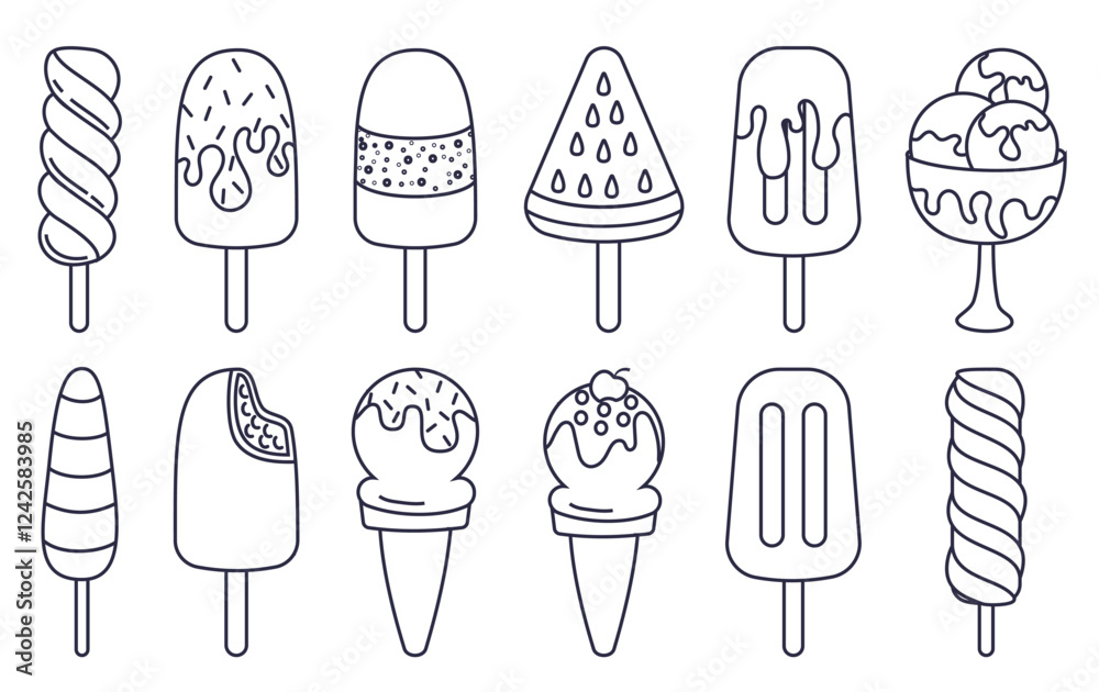 Popsicle outline clipart set. Ice cream drawing icon clip art dessert hand drawn lines collection in white background vector illustration.
Popsicle outline clipart set. Ice cream drawing icon clip art dessert hand drawn lines collection in white background vector illustration.