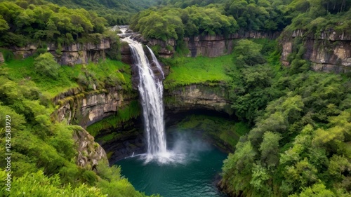 Majestic Waterfall Cascading into Lush Green Valley
