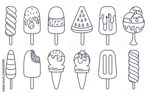 Popsicle outline clipart set. Ice cream drawing icon clip art dessert hand drawn lines collection in white background vector illustration. 
