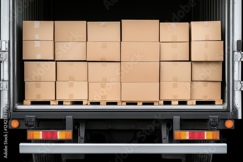 Cardboard boxes stacked on a pallet inside a truck, ready for delivery, secured and organized for transport.