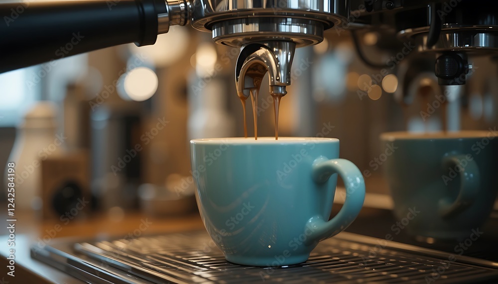 Espresso Machine Brewing Delicious Coffee into a Teal Mug in a Coffee Shop Espresso Machine Brewing Delicious Coffee into a Teal Mug in a Coffee Shop