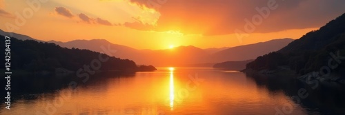 golden sunset over the river with a distant mountain range in the background, orange, mountains, horizon