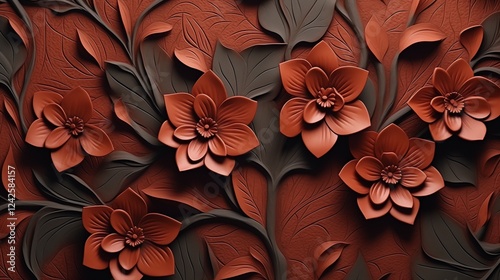 3D isometric high angle seamless embossed leather flowers and leaves texture, isolated on a clean background, elegant design photo