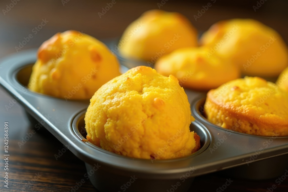 Freshly baked cornbread muffins in a tin tray, baked, baked Freshly baked cornbread muffins in a tin tray, baked, baked