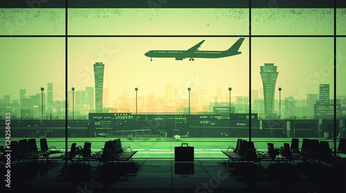 Airplane flying over airport inal silhouetted against a green sunset, with empty seats and modern architecture visible in the foreground and background landscape. photo