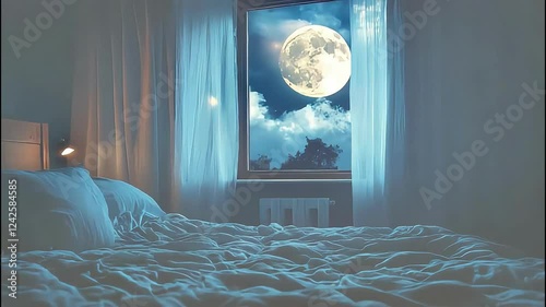 Serene bedroom with a full moon shining through the window at night.
