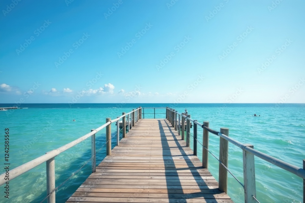 Wooden pier stretches over calm waters beneath blue sky, calm, sky, clear Wooden pier stretches over calm waters beneath blue sky, calm, sky, clear