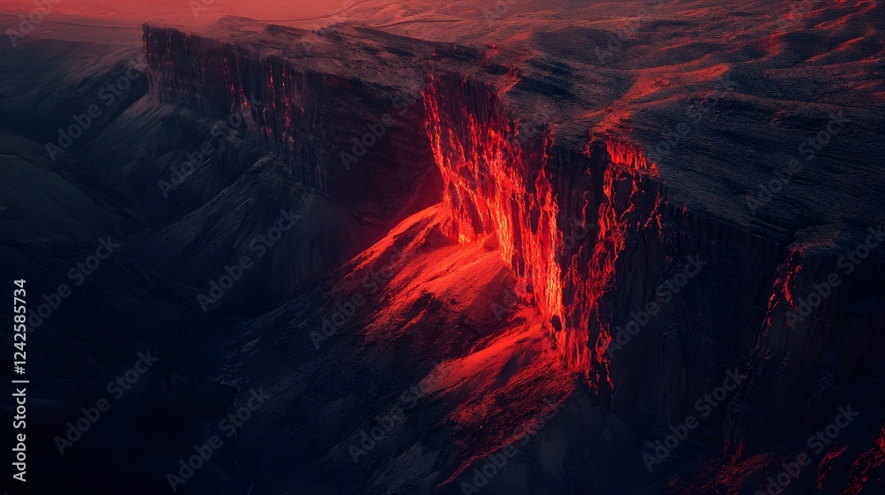 Fototapeta premium Lava flow glowing at dusk, vibrant red molten rock cascading through rugged terrain, showcasing nature's raw power.