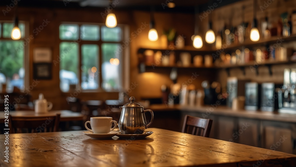 A rustic wooden table in sharp focus, set against a gently blurred coffee shop scene filled with warm tones A rustic wooden table in sharp focus, set against a gently blurred coffee shop scene filled with warm tones
