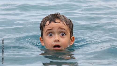 A young boy with wide eyes and open mouth, head and shoulders above water, looks surprised or shocked in blue water. photo