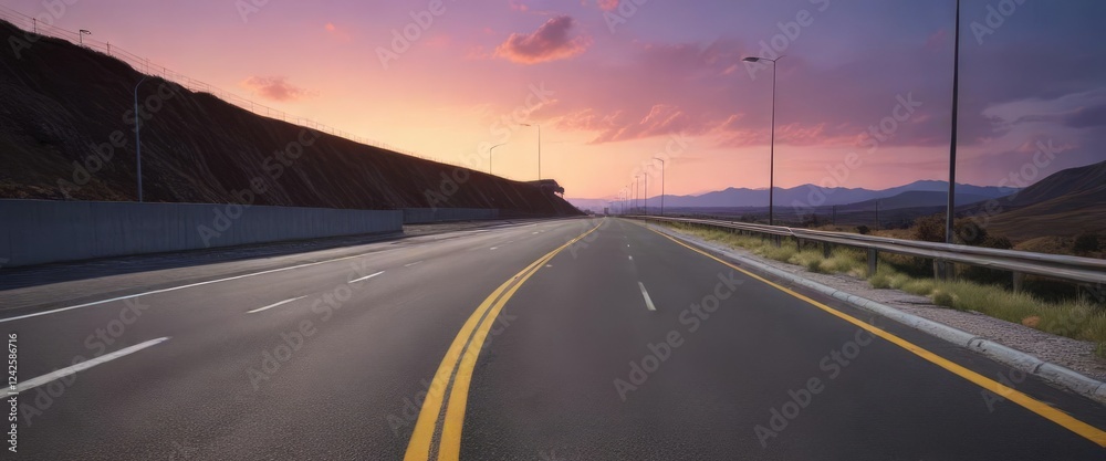 Naklejka premium Wide view of asphalt road with high concrete wall and guardrail at dusk, atmosphere, asphalt road