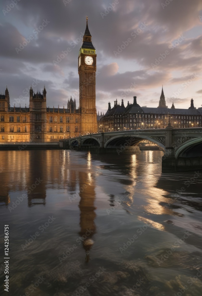 Naklejka premium Wide angle view of Westminster bridge with Big Ben and Parliament, travel, historic, River Thames, London, England