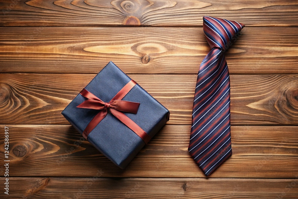 Obraz premium Minimalist Father's Day Gift: Tie & Present on Rustic Wood