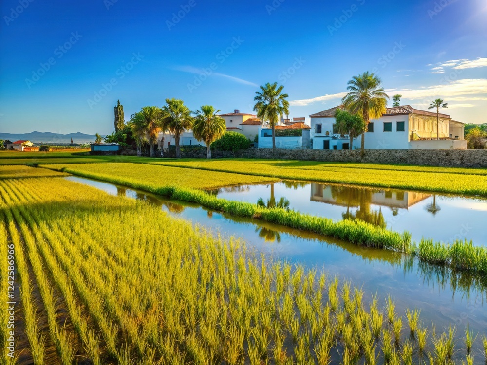 Obraz premium Minimalist Rice Paddies, Isla Mayor, Andalusia, Spain. Golden Hour Landscape Photography