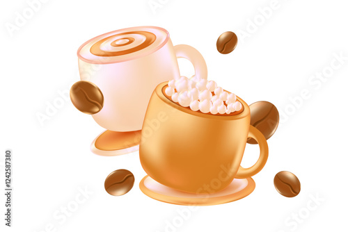 Cute 3D beige coffee cups icon isolated, transparent background. Aesthetic glowing glass or plastic texture mug with cappuccino cream swirl, scattered coffee beans. Elegant decorative element