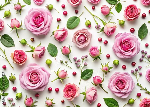 Pink Rose Buds & Berries Flat Lay: Decorative Pattern on White Background