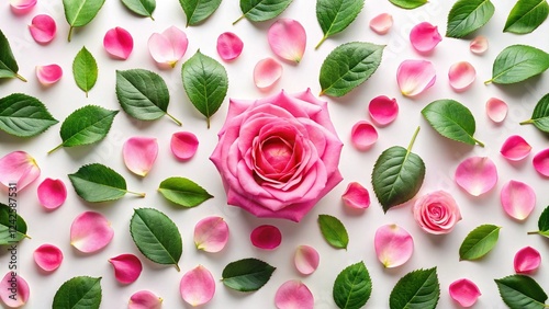 Pink Rose Petals & Green Leaves Pattern: Valentine's Day Summer Garden Flat Lay
