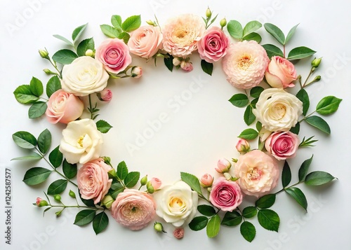Romantic Floral Wedding Frame: Pink & Beige Roses, Green Leaves, Flat Lay