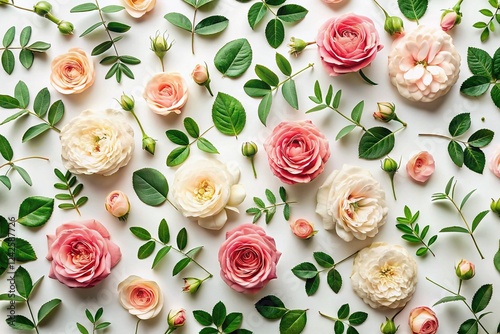 Romantic Valentine's Day Floral Flat Lay: Pink & Beige Roses, Green Leaves & Branches on White