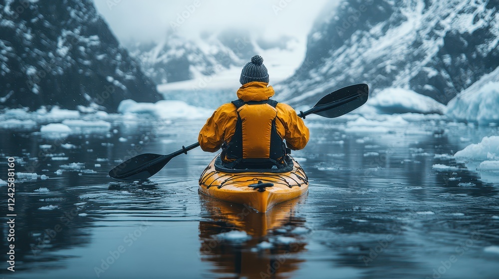 Fototapeta premium Kayaker Exploring Icy Waters Surrounded by Glaciers
