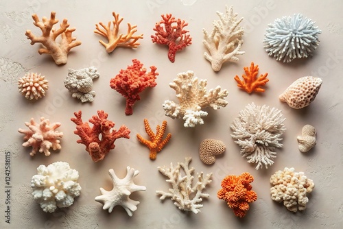 Fototapeta Naklejka Na Ścianę i Meble -  Summer Coral Minimalist Flat Lay: Beige Background, Natural Coral Pieces, Sunlight, Top View