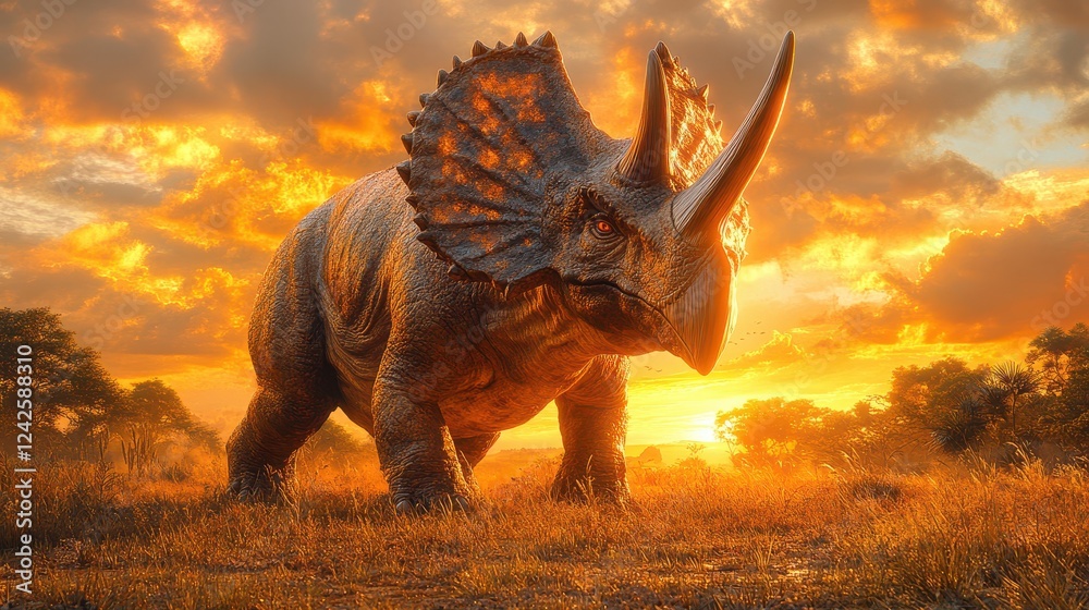 Fototapeta premium Majestic Triceratops Roaming Prehistoric Landscape at Sunset