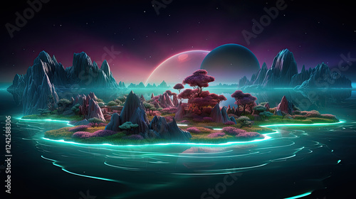 Ethereal Alien Island Landscape with Glowing Waters and Pink Night Sky