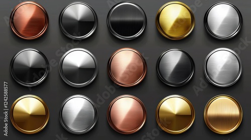 A collection of metal chrome circle buttons in vector format.