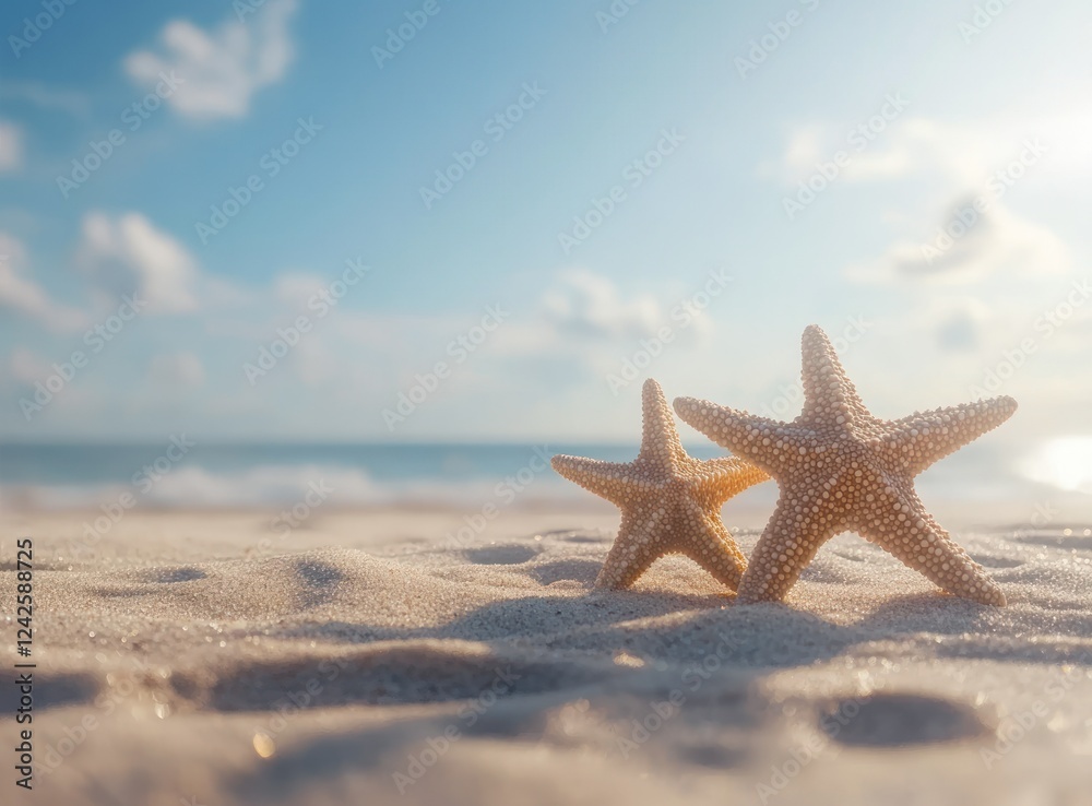 Starfish on the beach with a blue sky and sea background