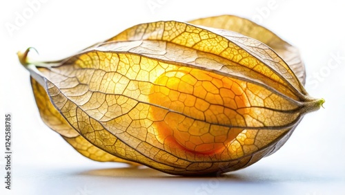 Golden berries glow softly in low-light, a minimalist still life against a pristine white background.