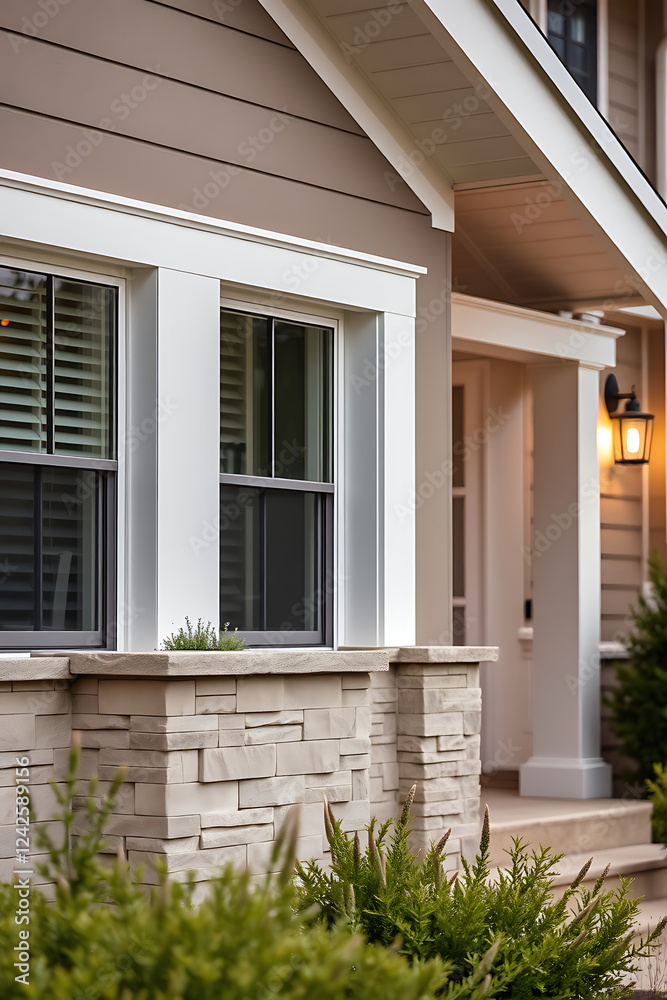 Obraz premium Modern House Exterior Design with Stone Accents and Large Windows. The contemporary home showcases a beautiful facade with a blend of stone and siding, creating a stunning curb appeal.