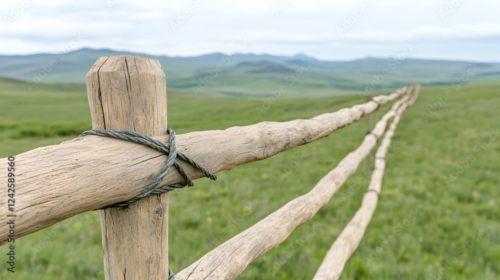 Fototapeta premium Wooden fence in grassy hills landscape