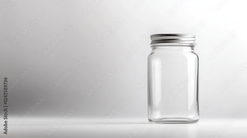 Empty glass jar, silver lid, white background, studio shot, product mockup Empty glass jar, silver lid, white background, studio shot, product mockup
