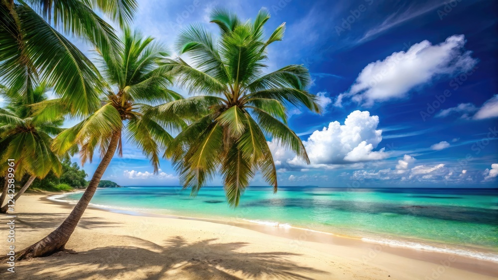 Warm sandy beach with large palm trees and turquoise water in the distance, island scenery, ocean view, palm fronds Warm sandy beach with large palm trees and turquoise water in the distance, island scenery, ocean view, palm fronds