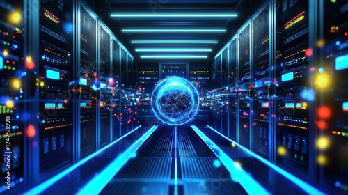 Engaging 3D art emphasizing the complexity of data centers and telecommunication infrastructures.