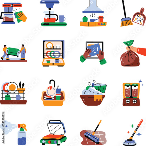 Set of Flat Style Household Cleaning Icons
