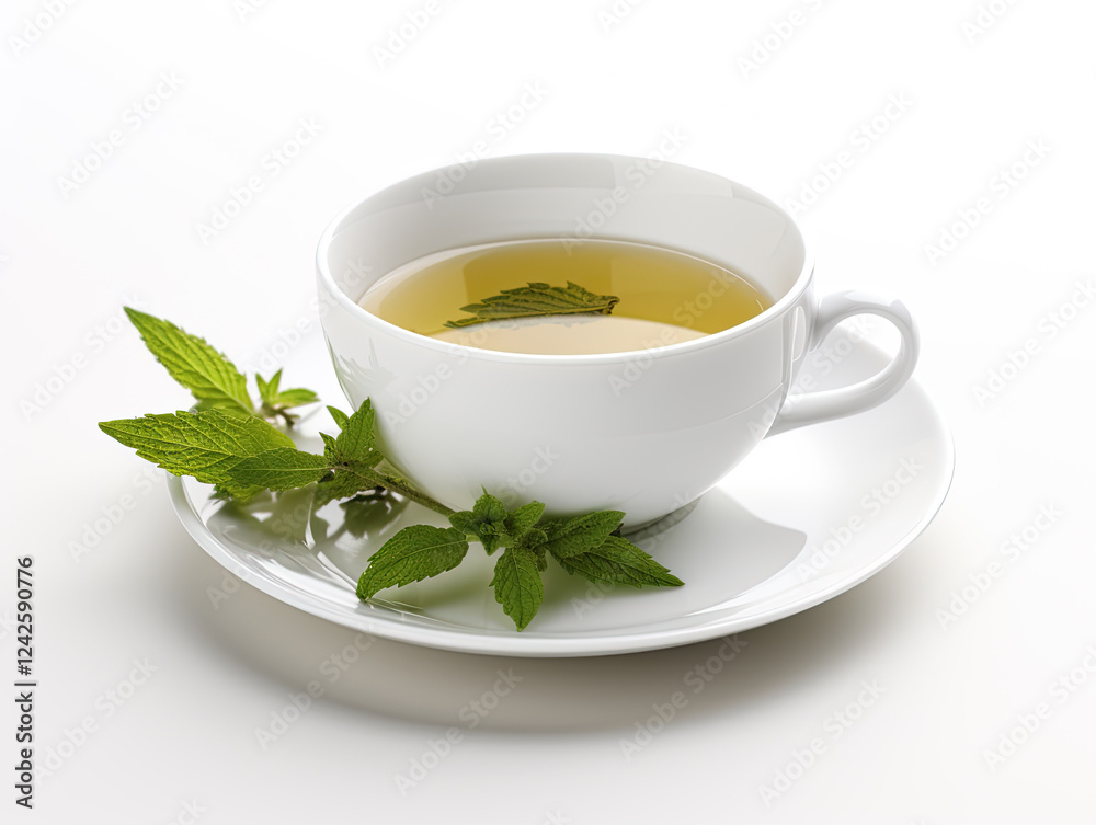Aromatic Mint Tea in White Cup, Fresh Mint Sprig Aromatic Mint Tea in White Cup, Fresh Mint Sprig