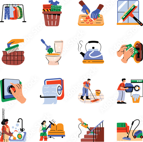 Collection of Flat Style Domestic Chore Icons 
