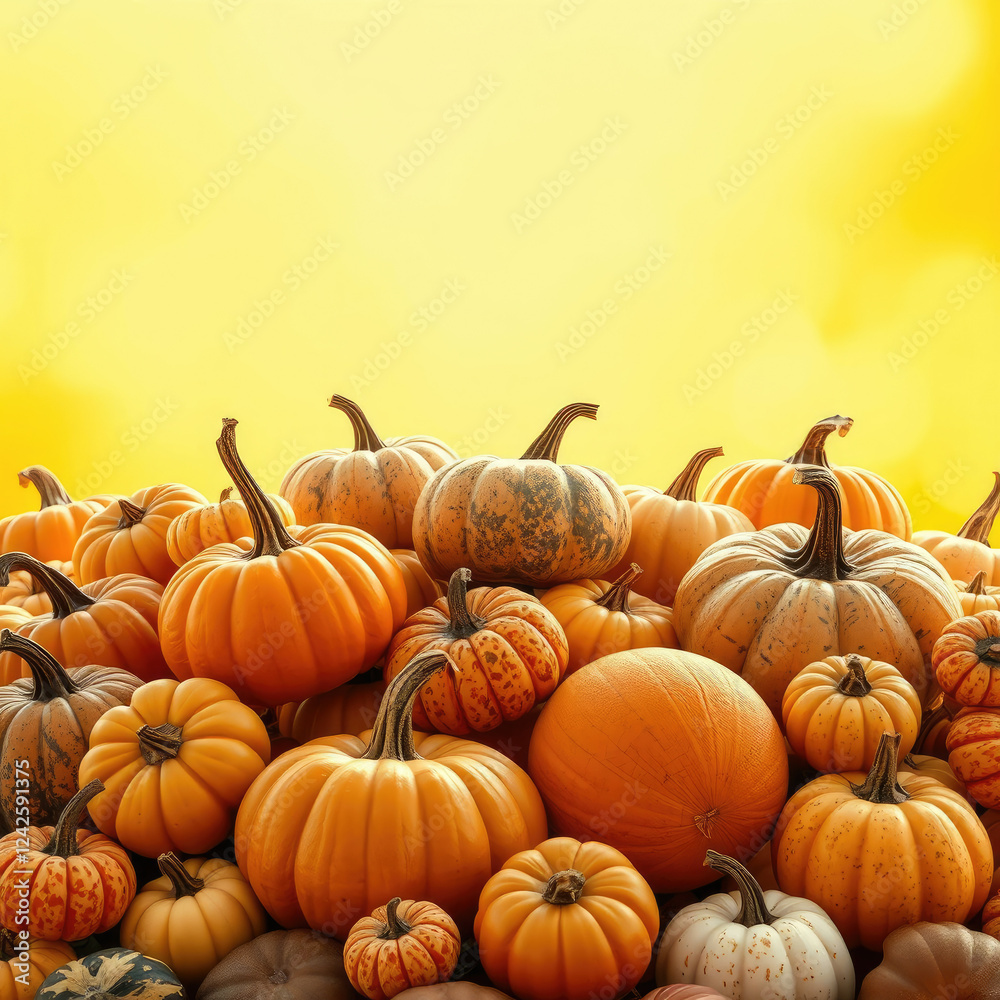 Obraz premium Vibrant yellow orange backdrop with assorted pumpkins and gourds, halloween, vibrant, autumn, decoration, unique